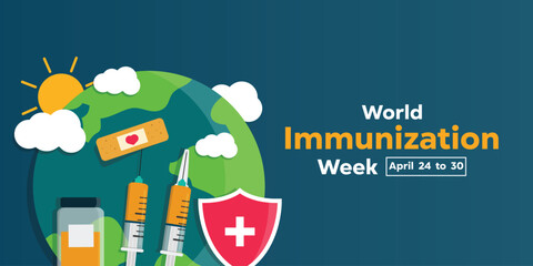 World Immunization Week. Earth, syringe, vaccine, shield, cloud, sun and bandage. Great for cards, banners, posters, social media and more. Blue background.