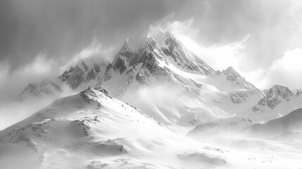 An image of snow capped mountains in black and white style. Monochrome image. 