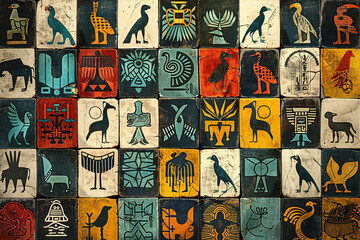 Colorful ancient symbols on a textured mosaic background