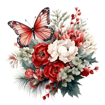 illustration of vibrant red butterflies elegantly perched on a bouquet of red and white flowers, accentuated with lush greenery and berries