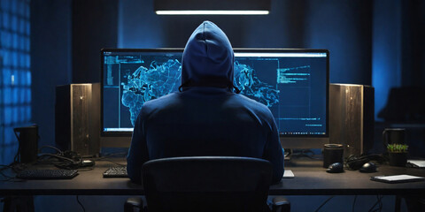 a hacker seen from behind working in a dark blue room - obrazy, fototapety, plakaty