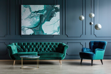Green sofa and armchair on grey classic wall with marble poster. Art deco interior design of a modern living room.