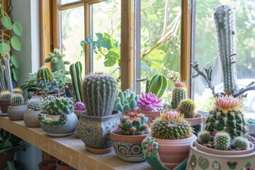 Many beautiful cacti in pots in the interior of the house.