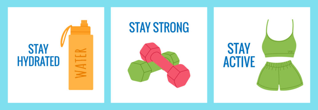 fitness set of cards, motivation, sport, healthy lifestyle, gym, posters for social media, postcards and more, vector illustration