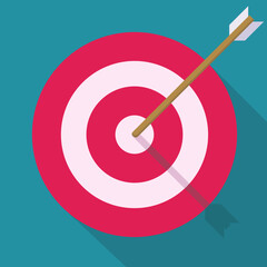 Arrow in the middle of a circular target on blue background and long shadow in flat design style