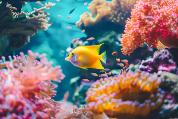 Naklejka na ściany i meble Vibrant fish among colorful corals in a saltwater aqua