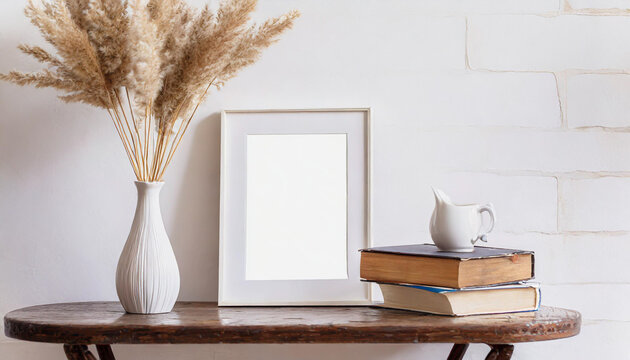 Vintage wooden bench with a white frame mockup, accompanied by a modern white ceramic vase holding Lagurus ovatus grass on a marble tray. In front, a blurred beige linen blanket enhances the