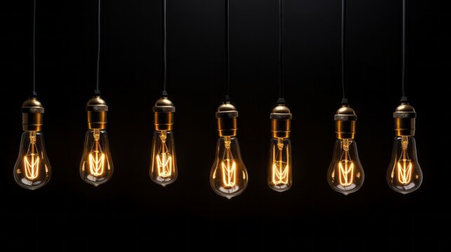 Burning hanging light bulbs on a black background. Electricity, Artificial Light.