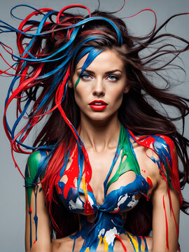 A woman artist with a colorfully painted body. Model sprayed with paint.