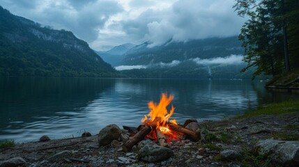 Inviting campfire on the beach during the summer, bring back fond memories. Fun and good times at lake. - obrazy, fototapety, plakaty
