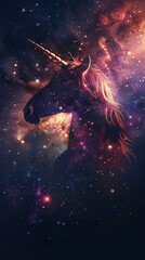 Obraz na płótnie Canvas Through the dark canvas of space a unicorn adorned with stars navigates the galaxy its horn piercing through cosmic veils