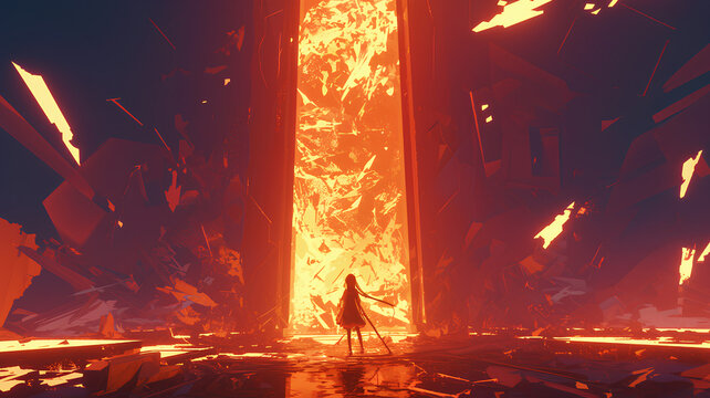 anime character of glowing portar door. fire background