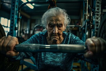 Fototapeta na wymiar Aged woman gym. Sport machine. Generate Ai