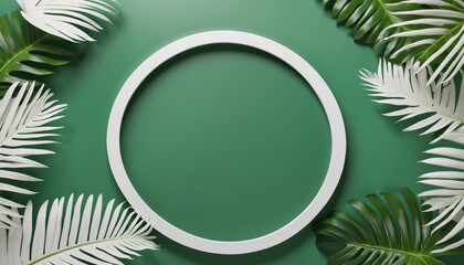Fototapeta na wymiar white round shape stage backdrop with tree leaf tropical nature decorating frame on green background advertisment template mock up design