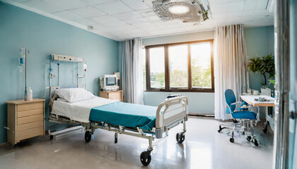 Recovery room with comfortable bed, medical interior, empty hospital room.