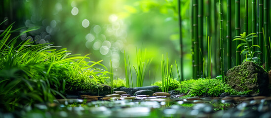 Bamboo forest: A serene scene of lush green bamboo stalks, moss-covered rocks, and a tranquil pond...