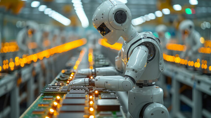 Fototapeta premium Automation of the conveyor assembly process. Robots working on the carpet. 