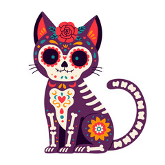 Day of the Dead, Dia de los muertos, cat skull and skeleton decorated with colorful Mexican elements and flowers. 