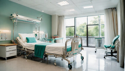 Recovery room with comfortable bed, medical interior, empty hospital room. - obrazy, fototapety, plakaty