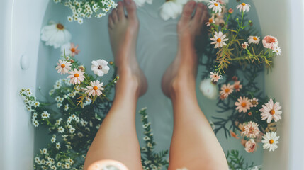 Foot Baths. Women's feet in a bathtub with flowers. 