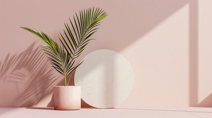 Fototapeta na wymiar Palm leaf casts intricate shadows on a soft pink wall, complemented by a round stone artwork on a matching shelf. Aesthetic minimalist interior decor.