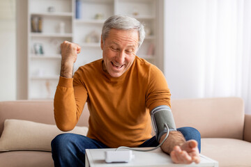Excited senior man checking blood pressure at home