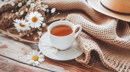 Cozy tea scene: A white cup of tea rests on a beige knit blanket, surrounded by white daisies. 