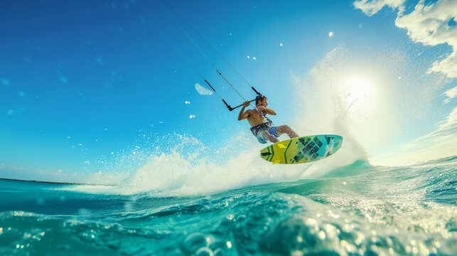 Man practices kitesurfing on the sea