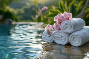 Towels with orchid flowers on the edge of an outdoor swimming pool, Spa setting outdoor,spa and...