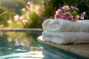 Towels with orchid flowers on the edge of an outdoor swimming pool, Spa setting outdoor,spa and wellness,spa relax concept,Generative AI