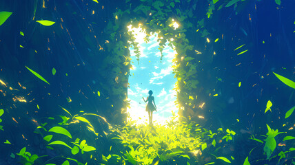 Fototapeta na wymiar anime character of glowing portar door. foliage background