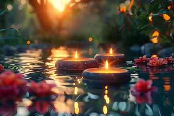 Photo sur Plexiglas Spa burning candles spreading aroma swimming pool,spa setting outdoor,spa relax concept, Generative AI