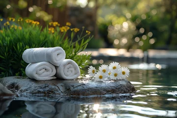 Papier Peint photo autocollant Spa Towels with orchid flowers on the edge of an outdoor swimming pool, Spa setting outdoor,spa and wellness,spa relax concept,Generative AI