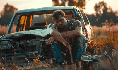 Man who was in a car accident, he sits near the damaged car and is clearly upset - obrazy, fototapety, plakaty