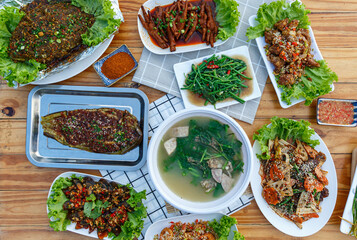 Mala restaurant food. grill fish with herbs, Spicy Century Egg Salad, Grilled Chives, choy soup,...