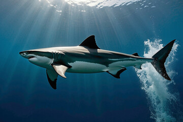 In the silent depths of the ocean's domain, the shark prowls with silent determination, its sleek...