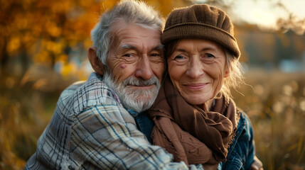 Woman  and man senior  outside couple retirement together elderly hug support love help care friend portrait teamwork active trust social relationship