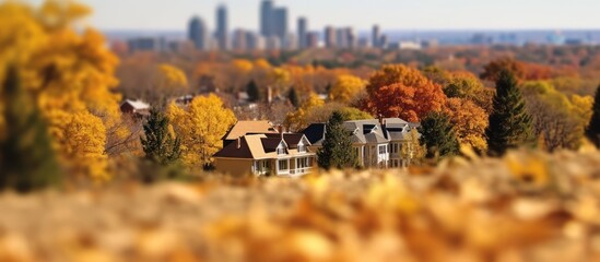 seen from above the city settlements in autumn with yellow and red leaves - obrazy, fototapety, plakaty