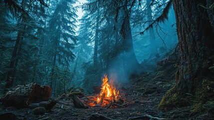 the magic of a bonfire in a mystical cedar forest, with the soft light and smoky tendrils creating an ethereal atmosphere reminiscent of a fairy tale - obrazy, fototapety, plakaty
