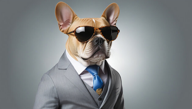 French bulldog in a suit with sunglasses
