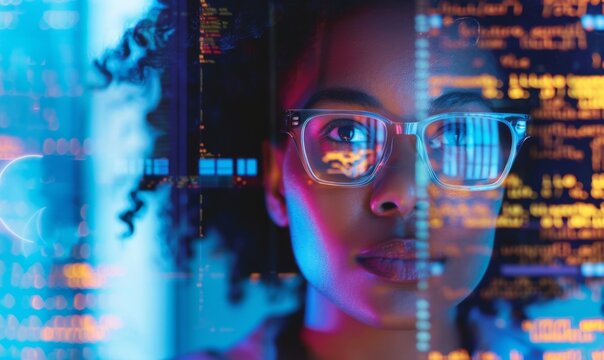 Software developer while debugging code surrounded by the technological infrastructure of a modern office