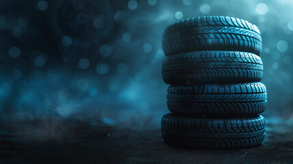 car tire stack at repairing service on black background. Transportation and automotive maintenance concept