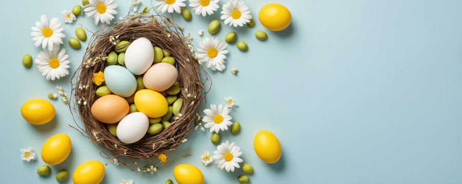 Easter eggs in nest with flowers and pistachios on pastel blue background. A celebration in the spring season. Composition of the view from above. 