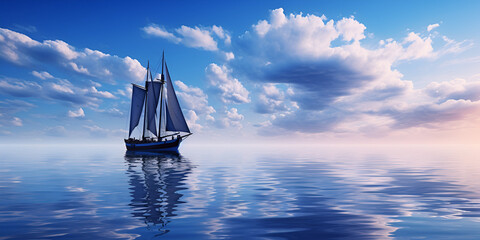 A ship in the ocean with clouds in the background, A sailboat in the ocean with clouds and sun shining on the sky, Boat in the sea on a background of blue sky with clouds Generative ai