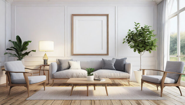 Scandinavian interior poster mock up with horizontal wooden frames, light grey sofa on wooden floor, wooden side table and green plant in living room with white wall. 3d illustrations.