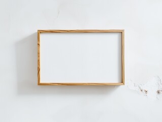 wood thin rectangular vertical frame on a white textured wall mockup