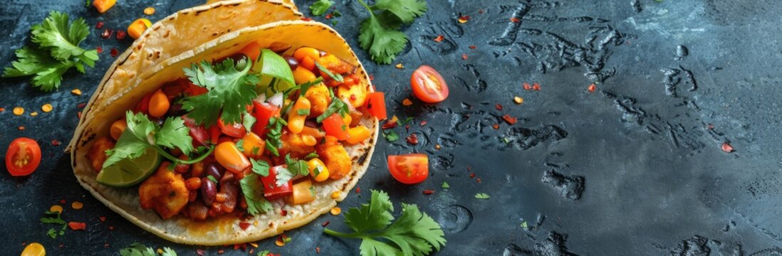 Taco top view. A taco with vegetables and cilantro on a blue table. web banner with Copy space for text.