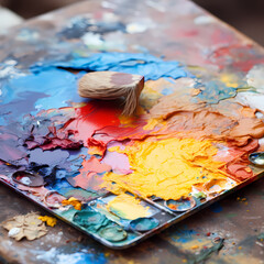 A close-up of an artists paint palette with mixed paint