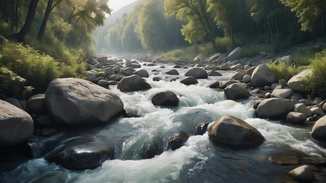river flowing through stones and a forest