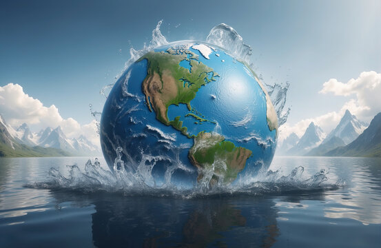 Planet Earth's environment heats up and sinks into a lot of water. Climate change global warming conceptual theme. Generated AI
